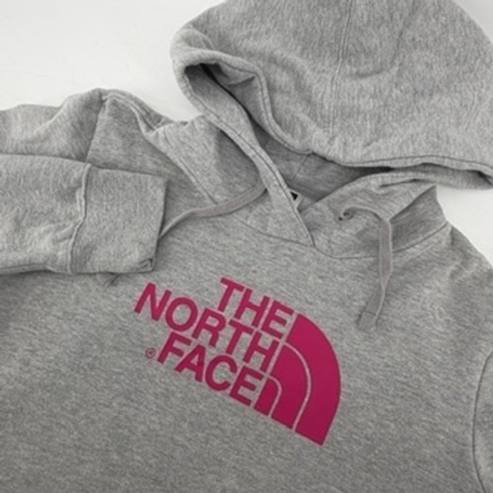 The North Face Womens Hoodie Gray Pink Logo Pullover Sweatshirt Medium M
